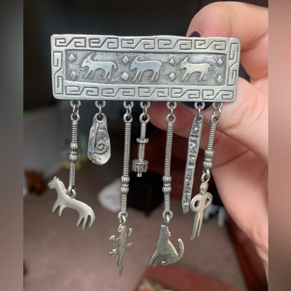 JJ Jonette 1988 vintage pewter brooch pin w/ dangling charms